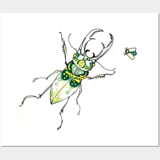 Stag Beetle Green Yellow Posters and Art